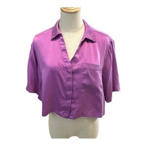 LUNYA Washable Silk Cropped Hidden Button Pajama Tee Top Purple Sz S Shirt Only